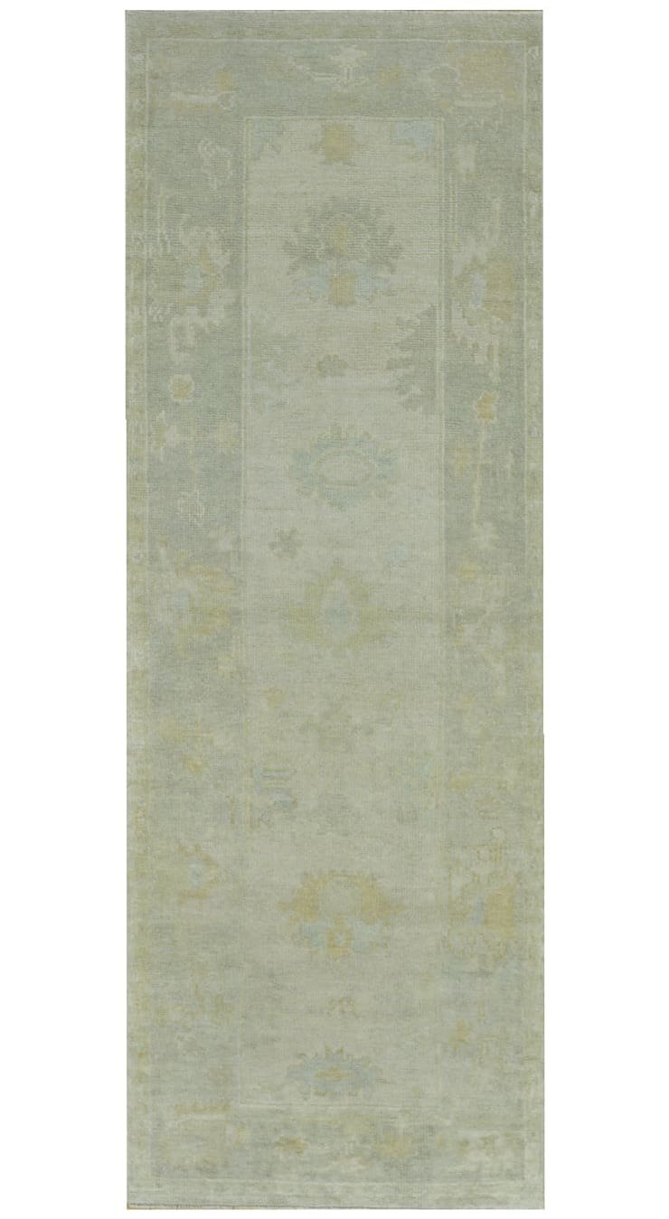 2′ x 8′ Light Green Fine Hand-Knotted Turkish Oushak Rug – Transitional Wool