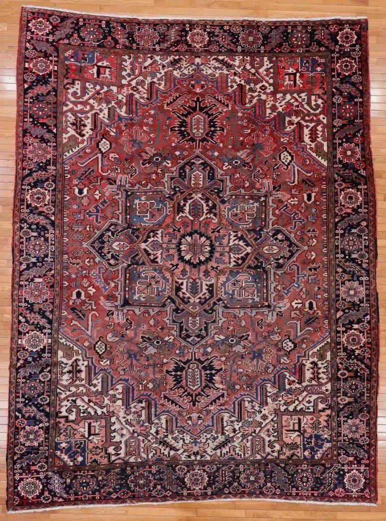9′ x 12′ Red Fine Hand-Knotted Persian Heriz Rug – Traditional Wool