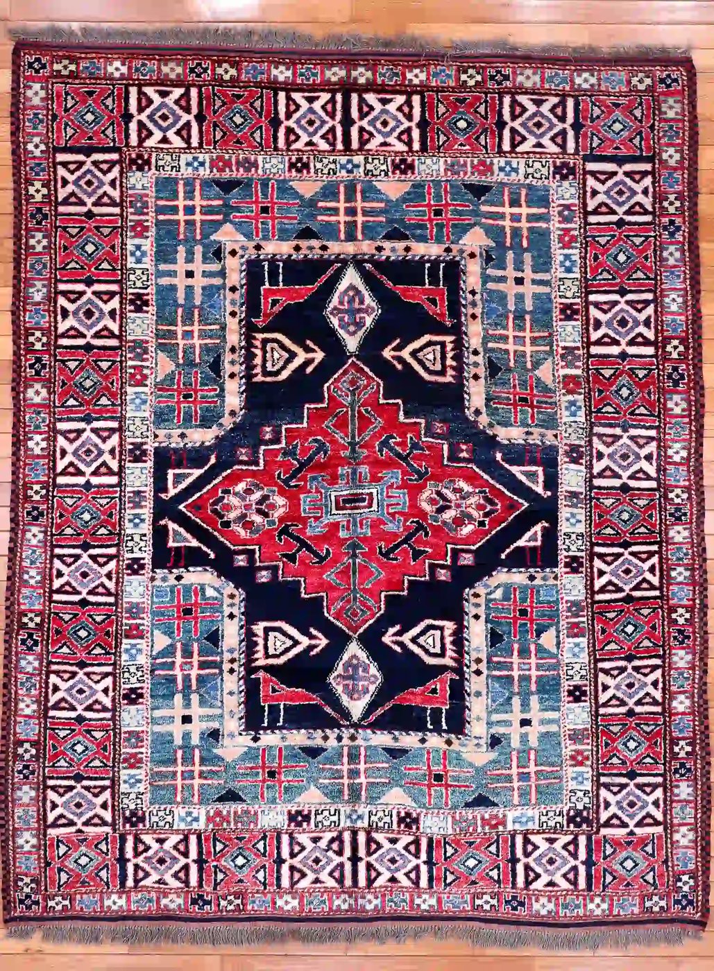 5′ x 7′ Navy Fine Hand-Knotted Pakistan Kazak Rug – Traditional Wool