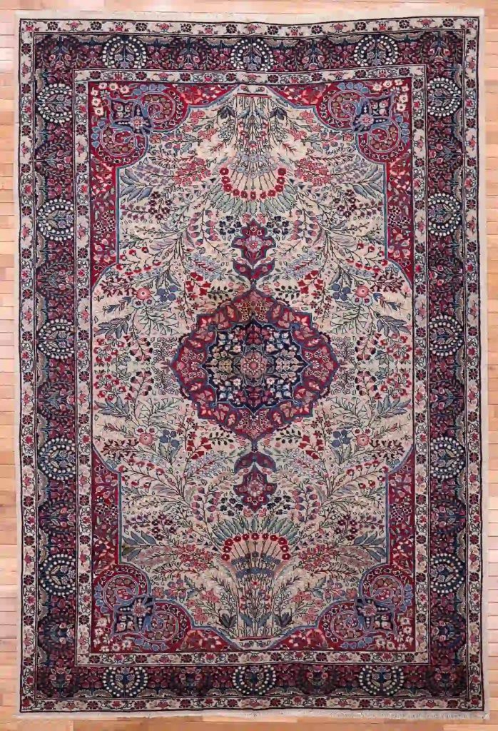 7′ x 10′ Ivory and Indigo Hand-Knotted Antique Persian Kerman Rug – Investment Grade Wool