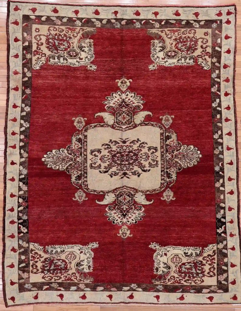 7′ x 9′ Red Fine Hand-Knotted Turkish Oushak Rug – Traditional Wool