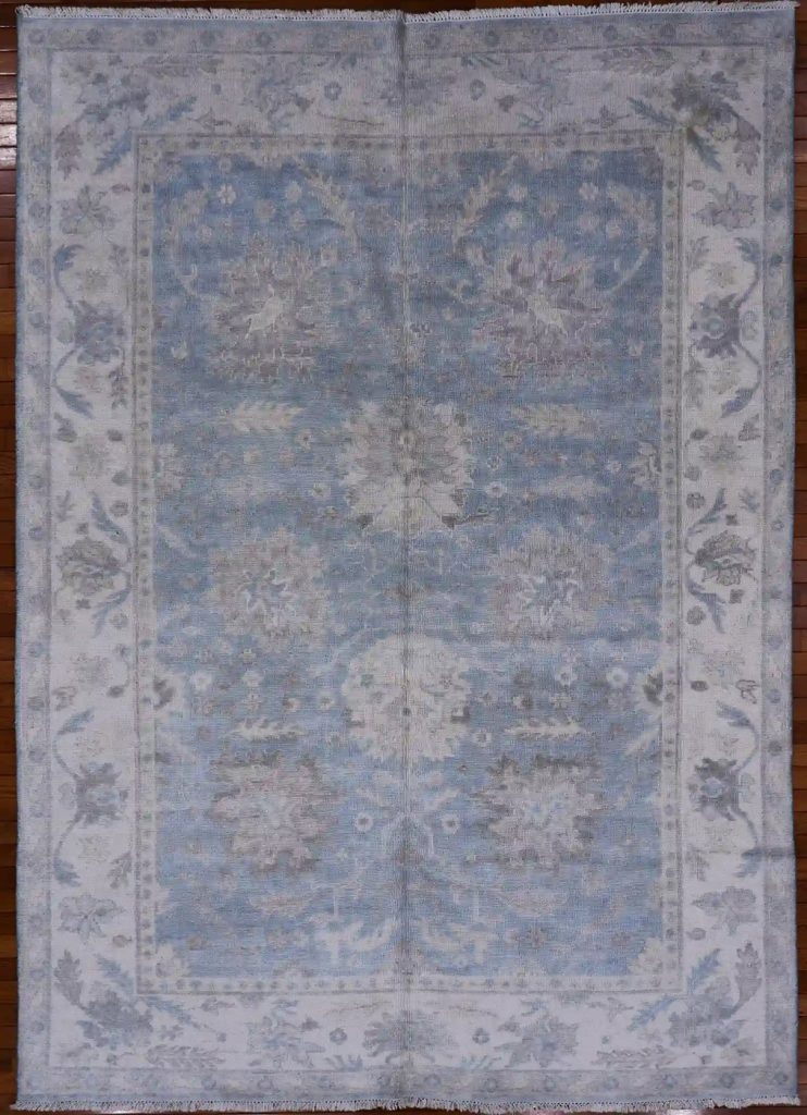 6′ x 9′ Blue Fine Hand-Knotted India Oushak Rug – Transitional Wool 6′ x 9′ Blue Fine Hand-Knotted India Oushak Rug – Transitional Wool
