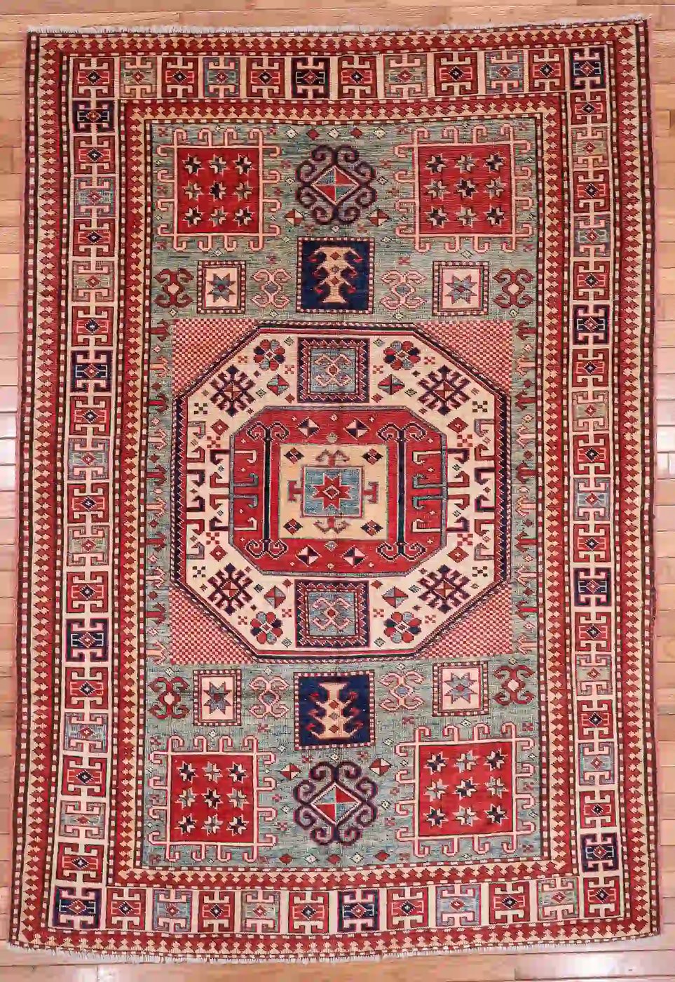 5′ x 7′ Soft Blue and Red Hand-Knotted Vintage Pakistan Shirvan Design Rug – Traditional Wool