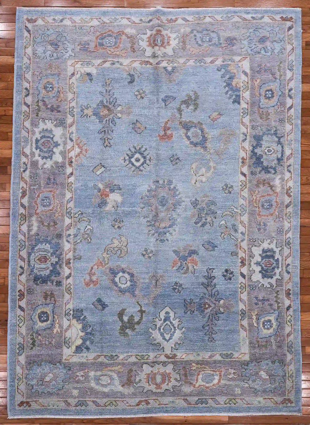 7′ x 9′ Light Blue Fine Hand-Knotted Turkish Oushak Rug – Transitional Wool
