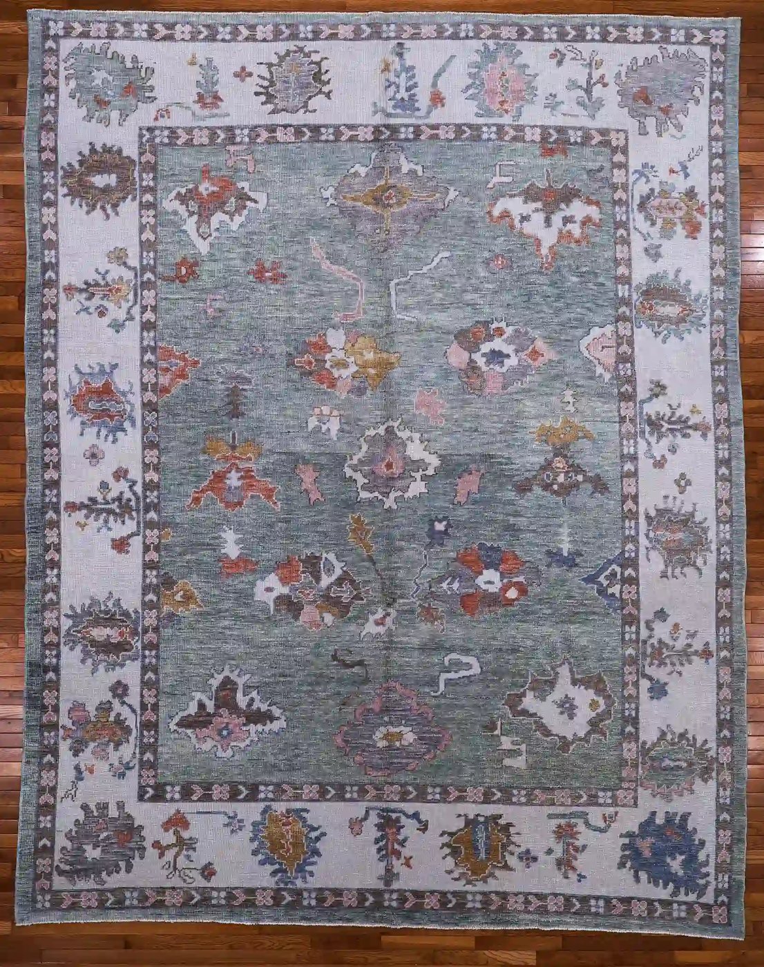 10′ x 13′ Green Fine Hand-Knotted Turkish Oushak Rug – Transitional Wool