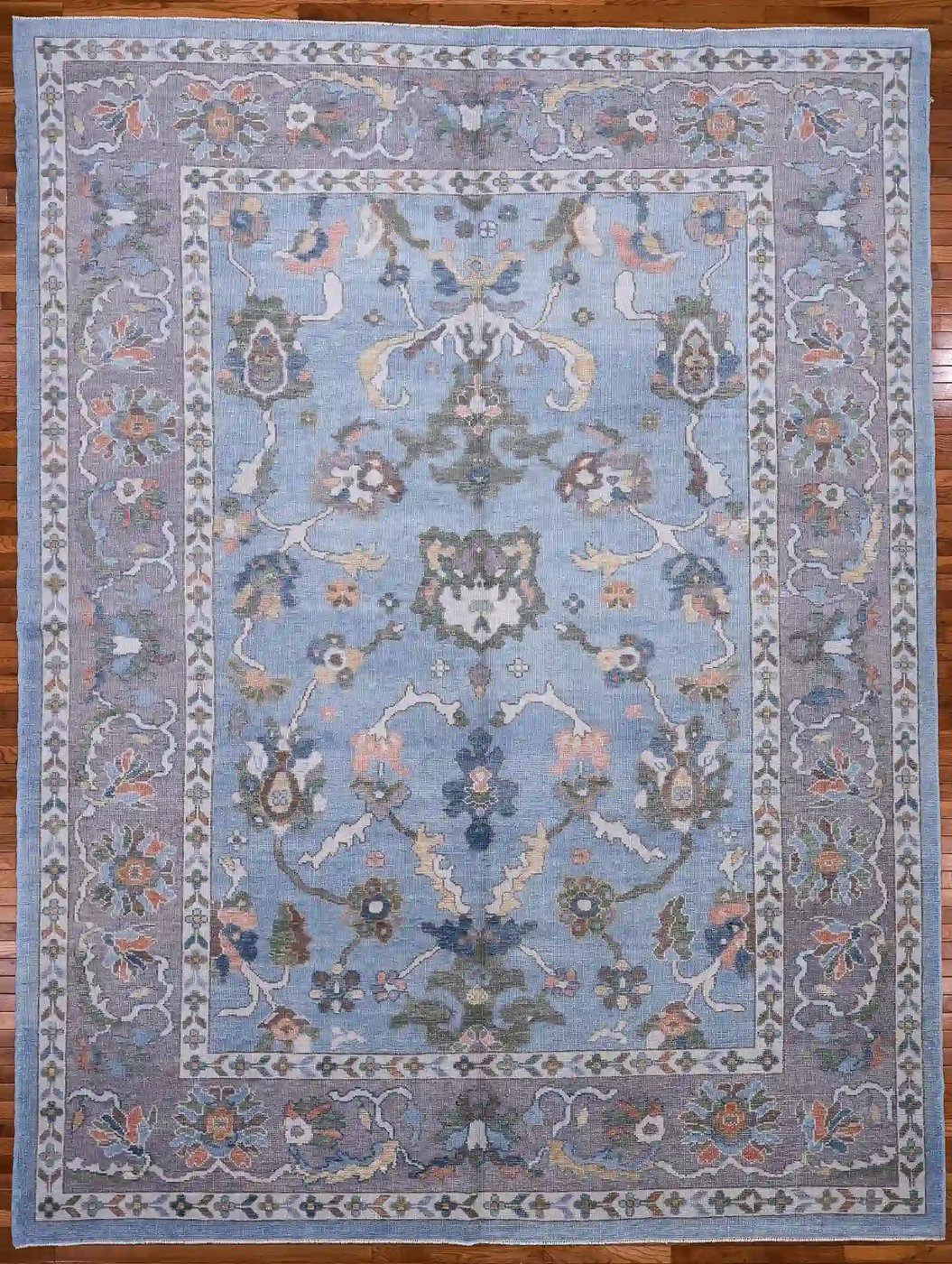10′ x 13′ Light Blue Fine Hand-Knotted Turkish Oushak Rug – Transitional Wool