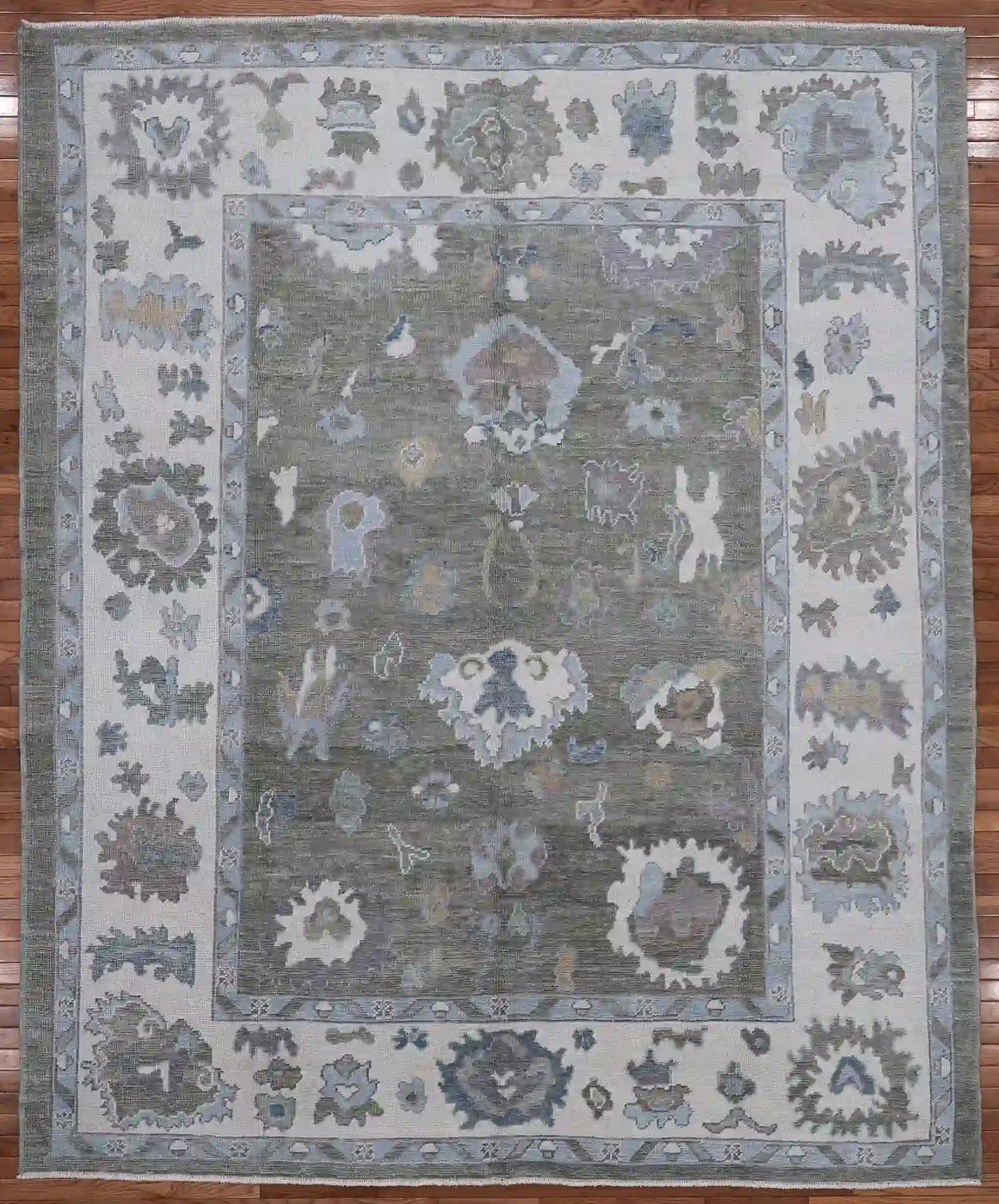 9′ x 10′ Green Fine Hand-Knotted Turkish Oushak Rug – Transitional Wool
