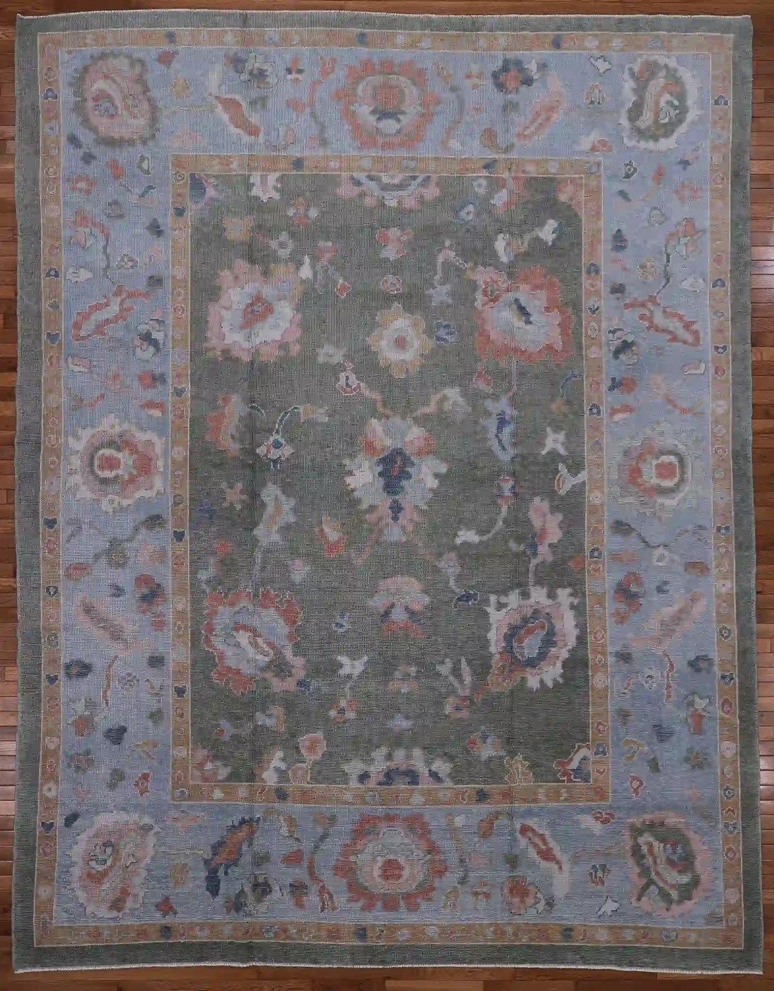 10′ x 12′ Green Fine Hand-Knotted Turkish Oushak Rug – Transitional Wool