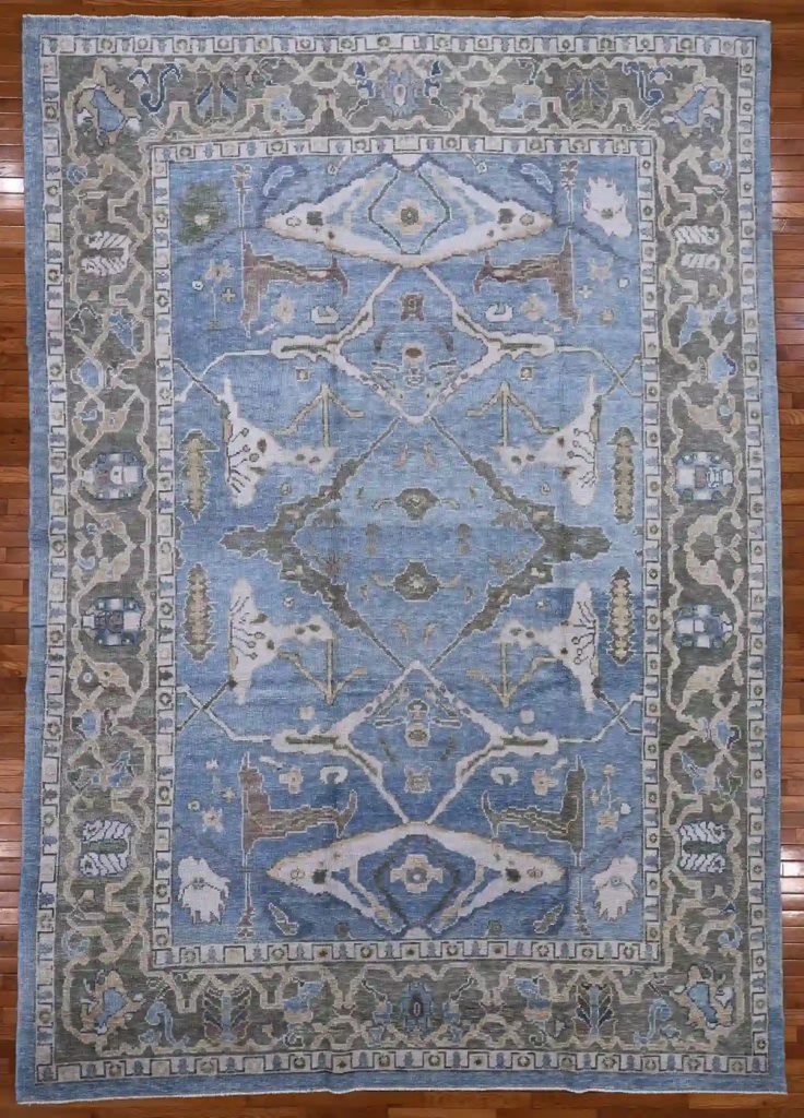 9′ x 13′ Light Blue Fine Hand-Knotted Turkish Oushak Rug – Transitional Wool
