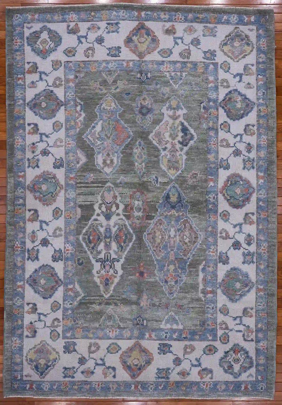 6′ x 8′ Green Fine Hand-Knotted Turkish Oushak Rug – Transitional Wool