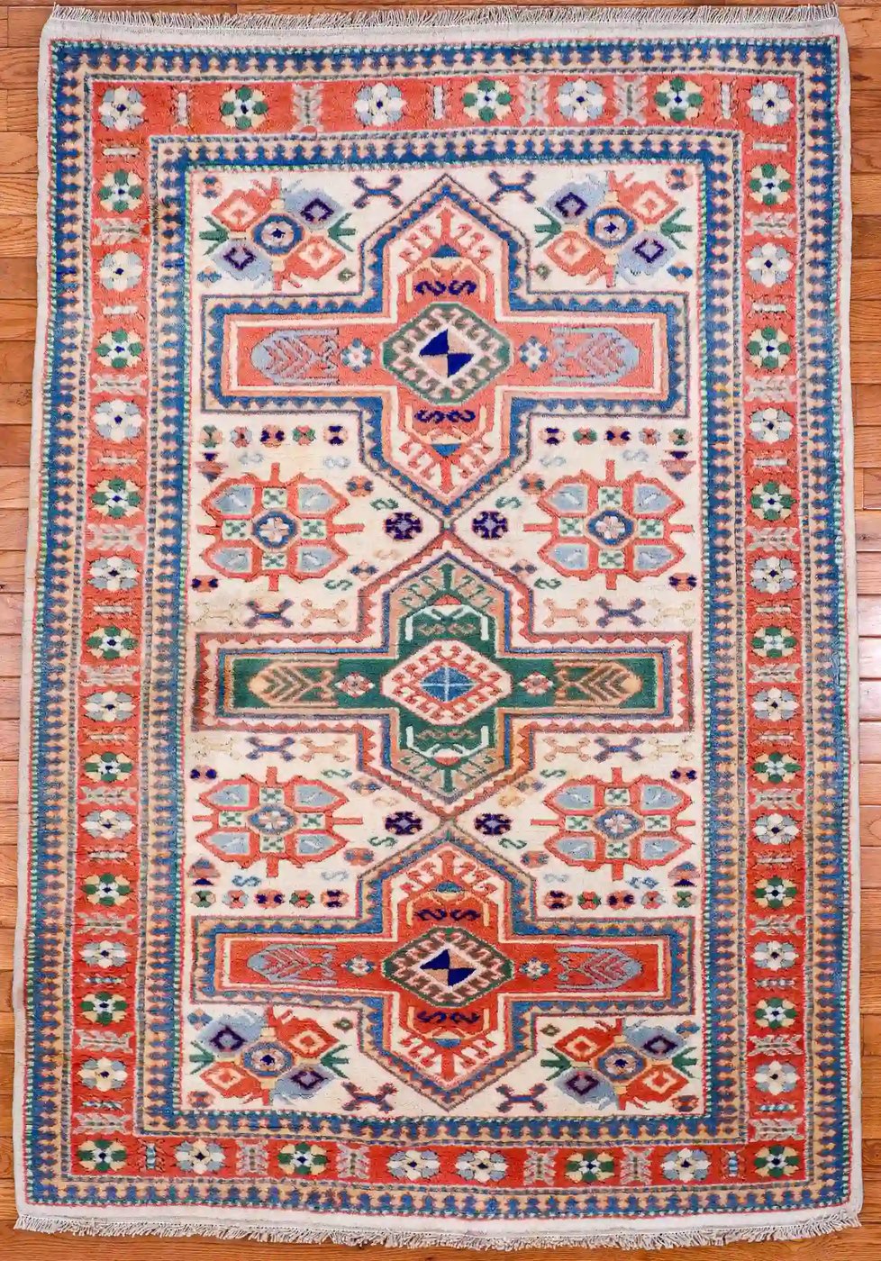 4′ x 6′ Ivory Fine Hand-Knotted Turkish Kazak Rug – Traditional Wool