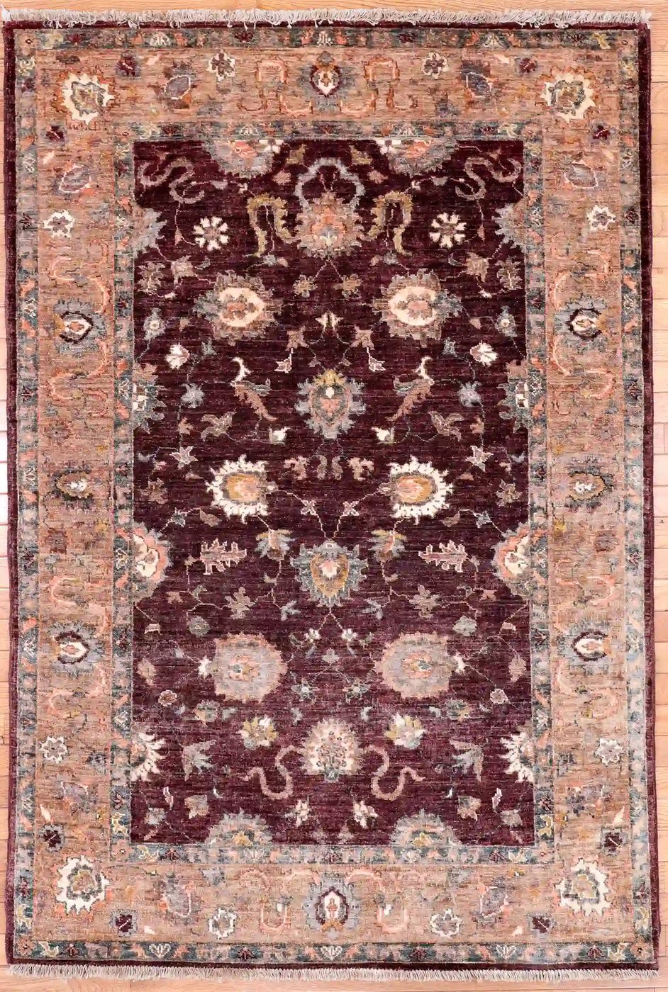 4′ x 6′ Burgundy Fine Hand-Knotted Pakistan Sultanabad Rug – Traditional Wool