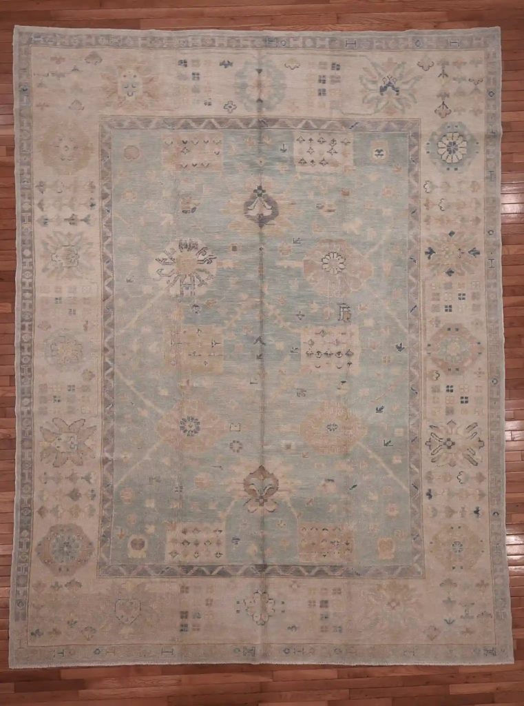 9′ x 12′ Pale Blue Fine Hand-Knotted Turkish Oushak Rug – Transitional Wool