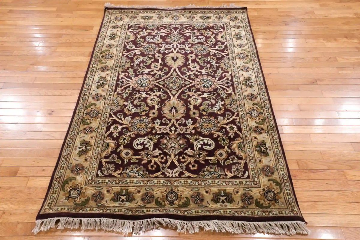 4′ x 6′ Burgundy Fine Hand-Knotted Indian Tabriz Rug – Traditional Wool