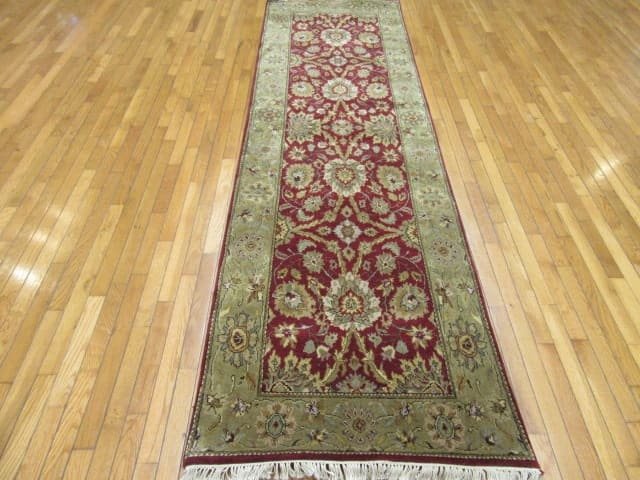 3′ x 10′ India Tabriz Design Handmade Hall Runner Rug – Burgundy & Sage Floral
