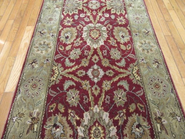 3′ x 10′ India Tabriz Design Handmade Hall Runner Rug – Burgundy & Sage Floral