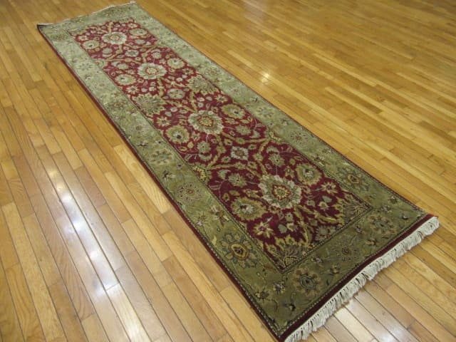 3′ x 10′ India Tabriz Design Handmade Hall Runner Rug – Burgundy & Sage Floral