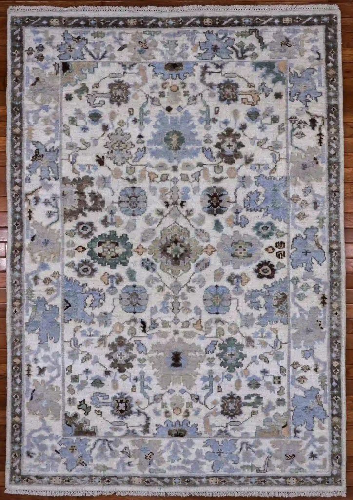 4′ x 6′ Ivory Fine Hand-Knotted Indian Oushak Rug – Transitional Wool 4′ x 6′ Ivory Fine Hand-Knotted Indian Oushak Rug – Transitional Wool