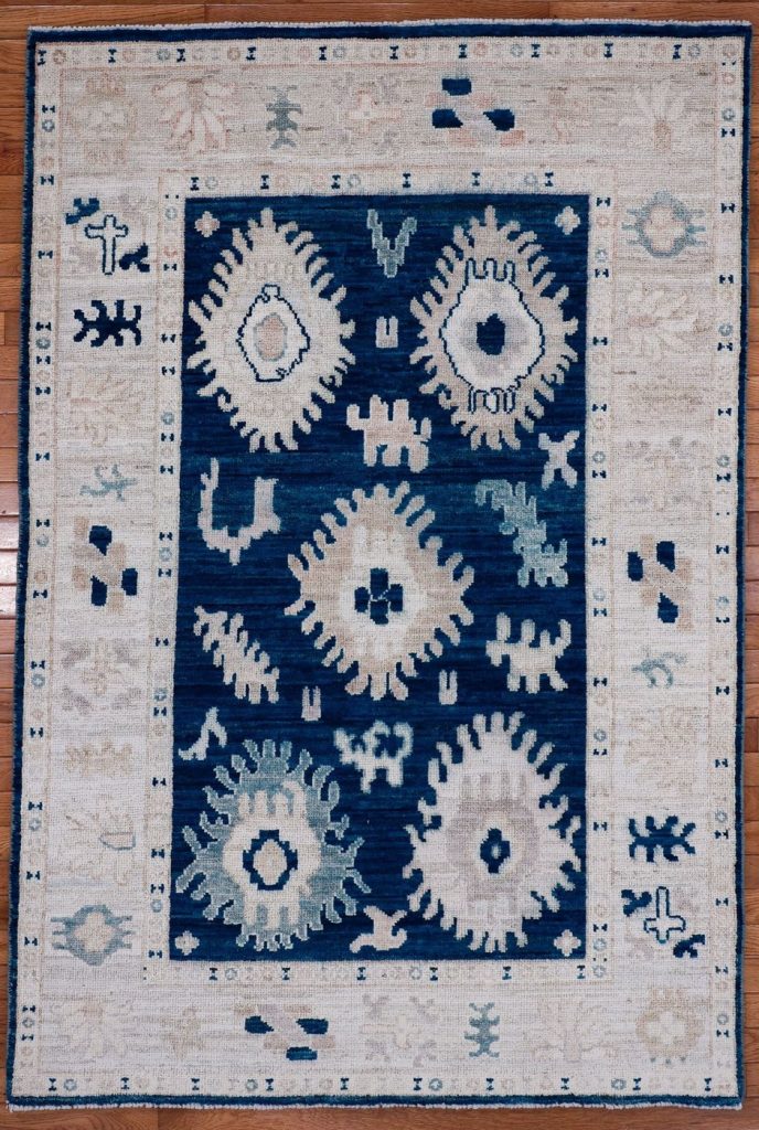 4′ x 6′ Blue Fine Hand-Knotted Turkish Oushak Rug – Transitional Wool