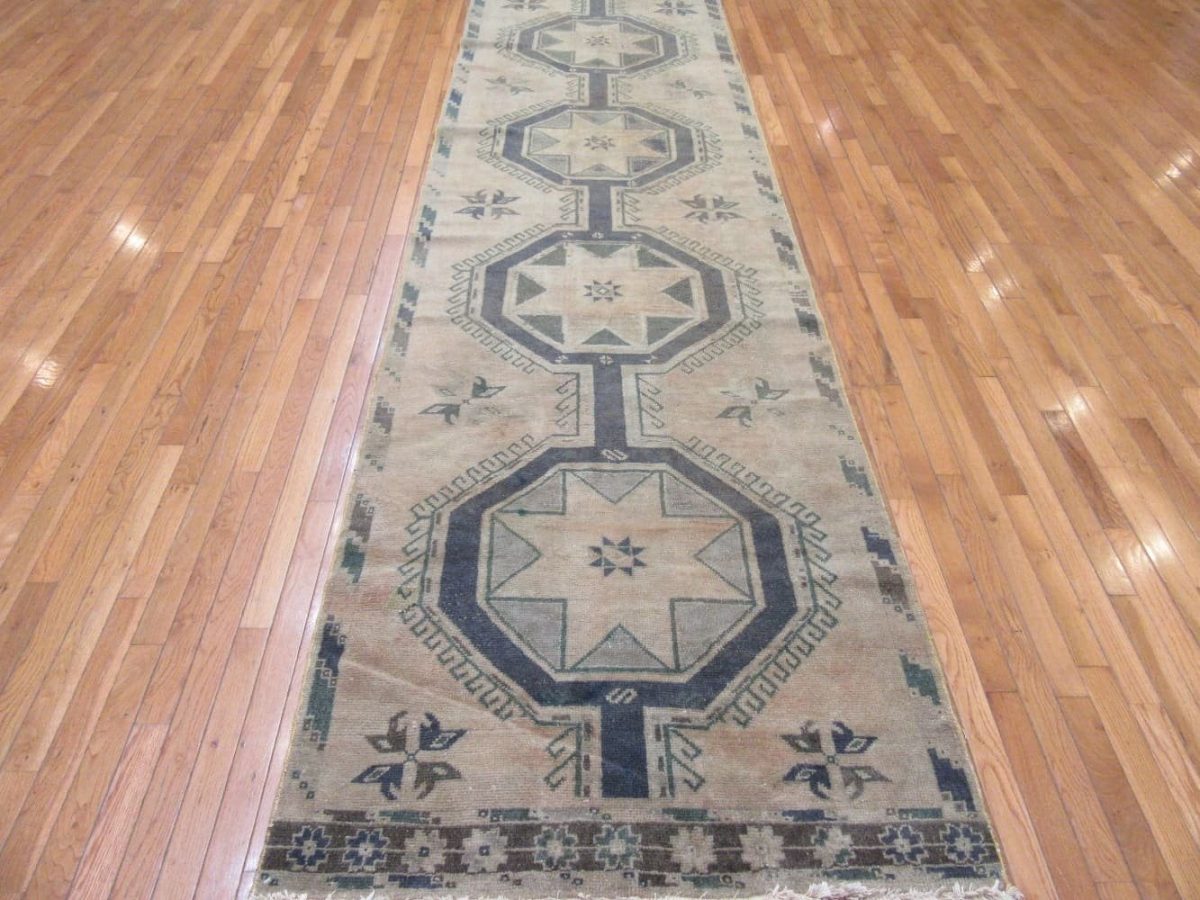 4′ x 13′ Vintage Turkish Oushak Beige Tribal Runner Wool