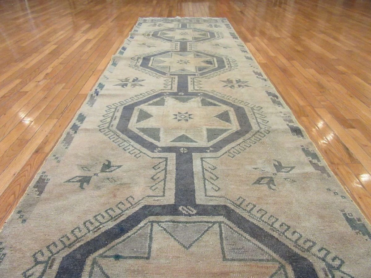 4′ x 13′ Vintage Turkish Oushak Beige Tribal Runner Wool
