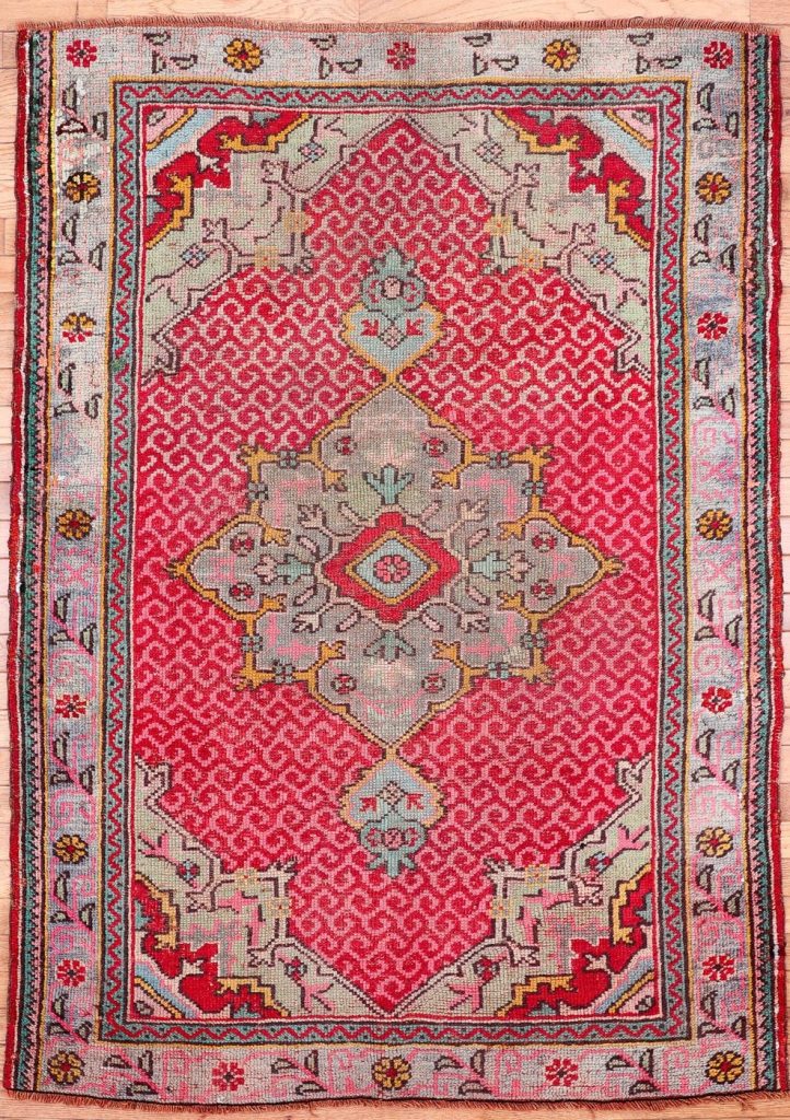 4′ x 5′ Rose Red Fine Hand-Knotted Vintage Turkish Oushak Rug – Traditional Wool