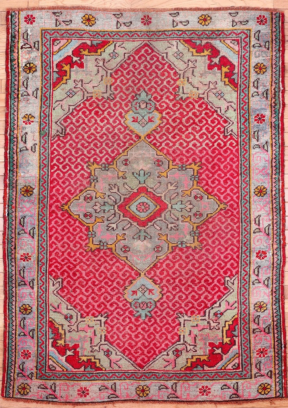 4′ x 5′ Rose Red Fine Hand-Knotted Vintage Turkish Oushak Rug – Traditional Wool