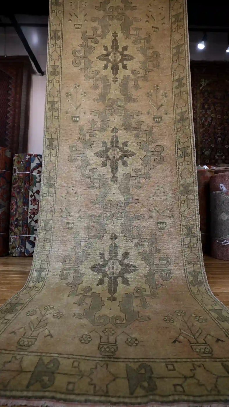 4′ x 13′ Beige Fine Hand-Knotted Vintage Turkish Oushak Runner – Traditional Wool