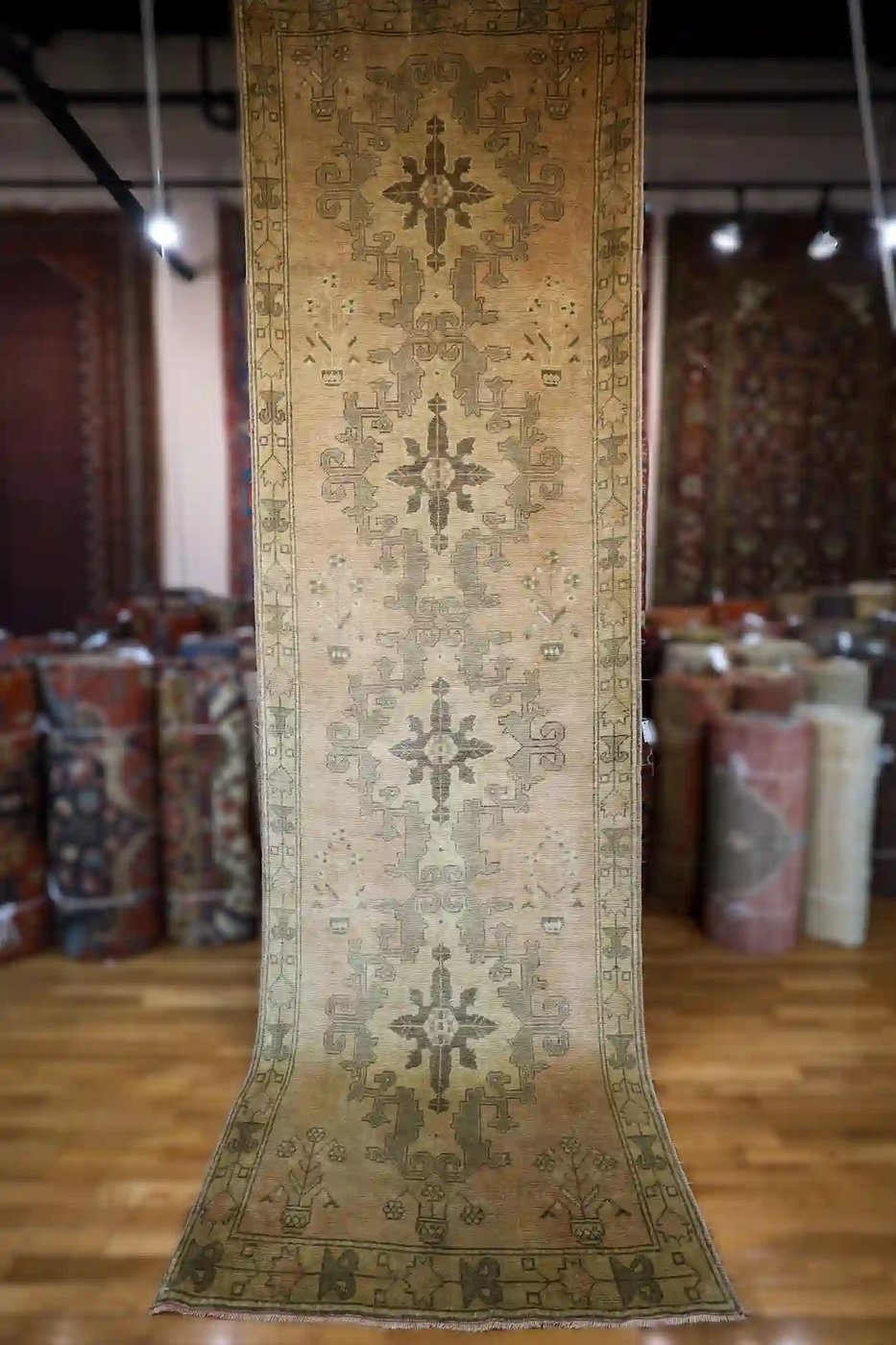 4′ x 13′ Beige Fine Hand-Knotted Vintage Turkish Oushak Runner – Traditional Wool