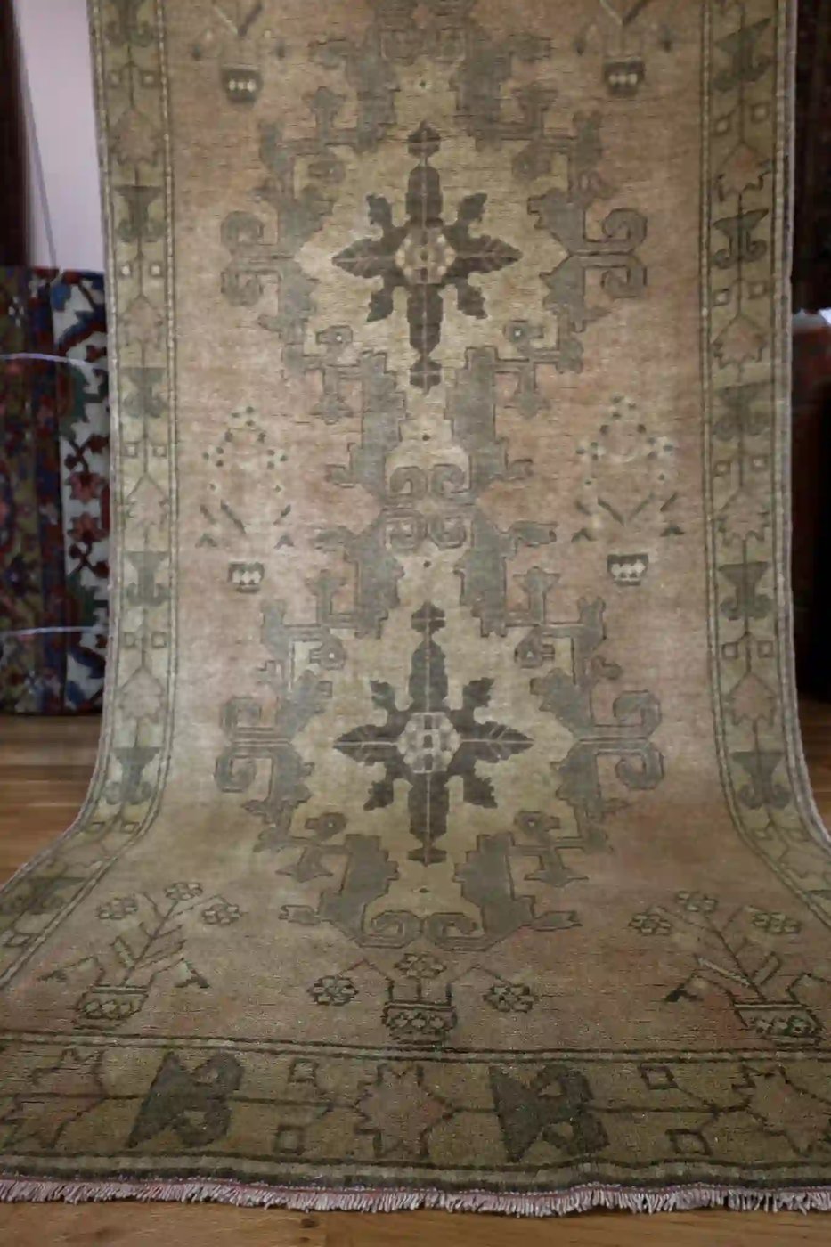 4′ x 13′ Beige Fine Hand-Knotted Vintage Turkish Oushak Runner – Traditional Wool