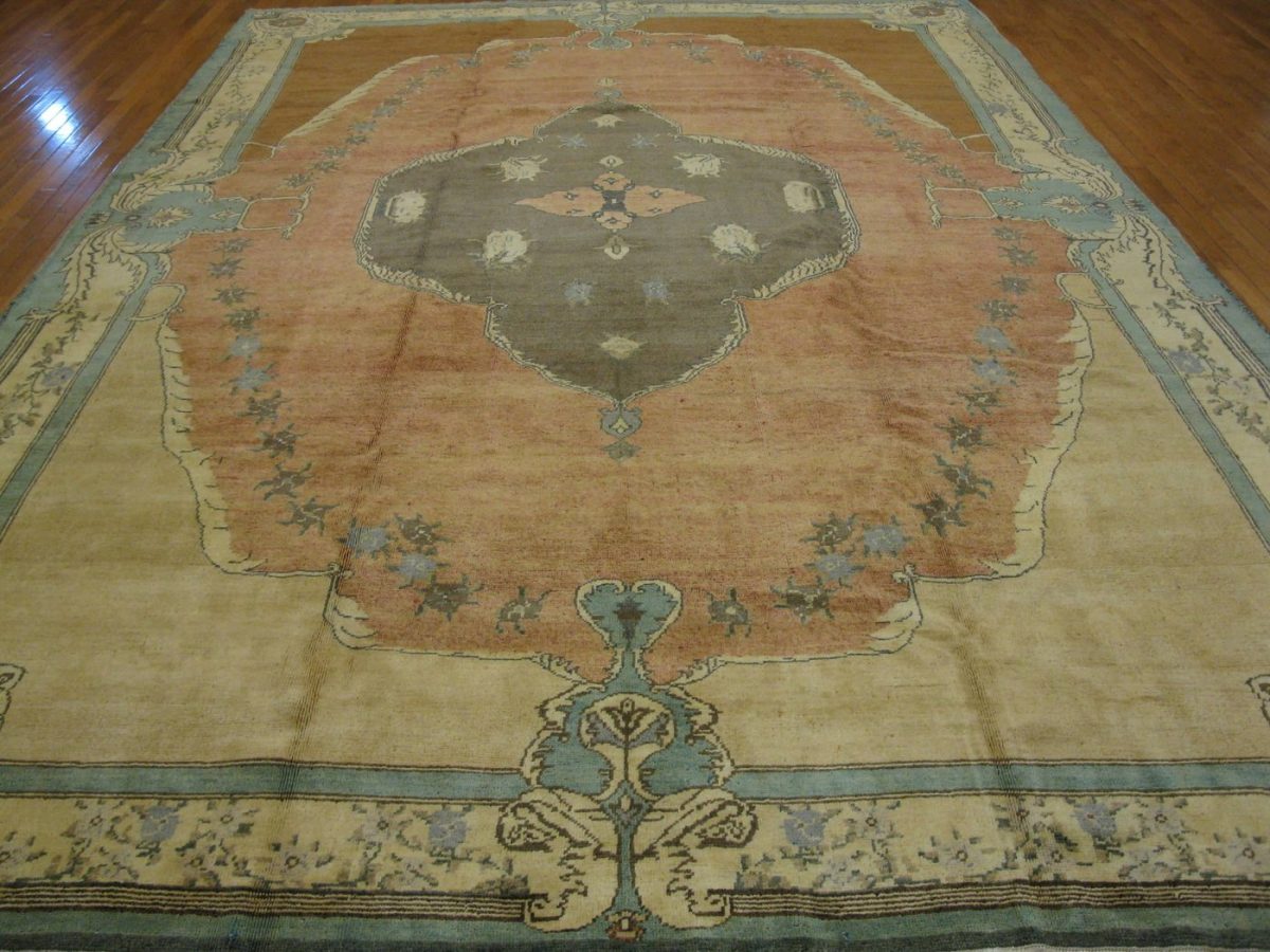 9′ x 14′ Turkish Peach Blue Savonnerie Rug Traditional Wool