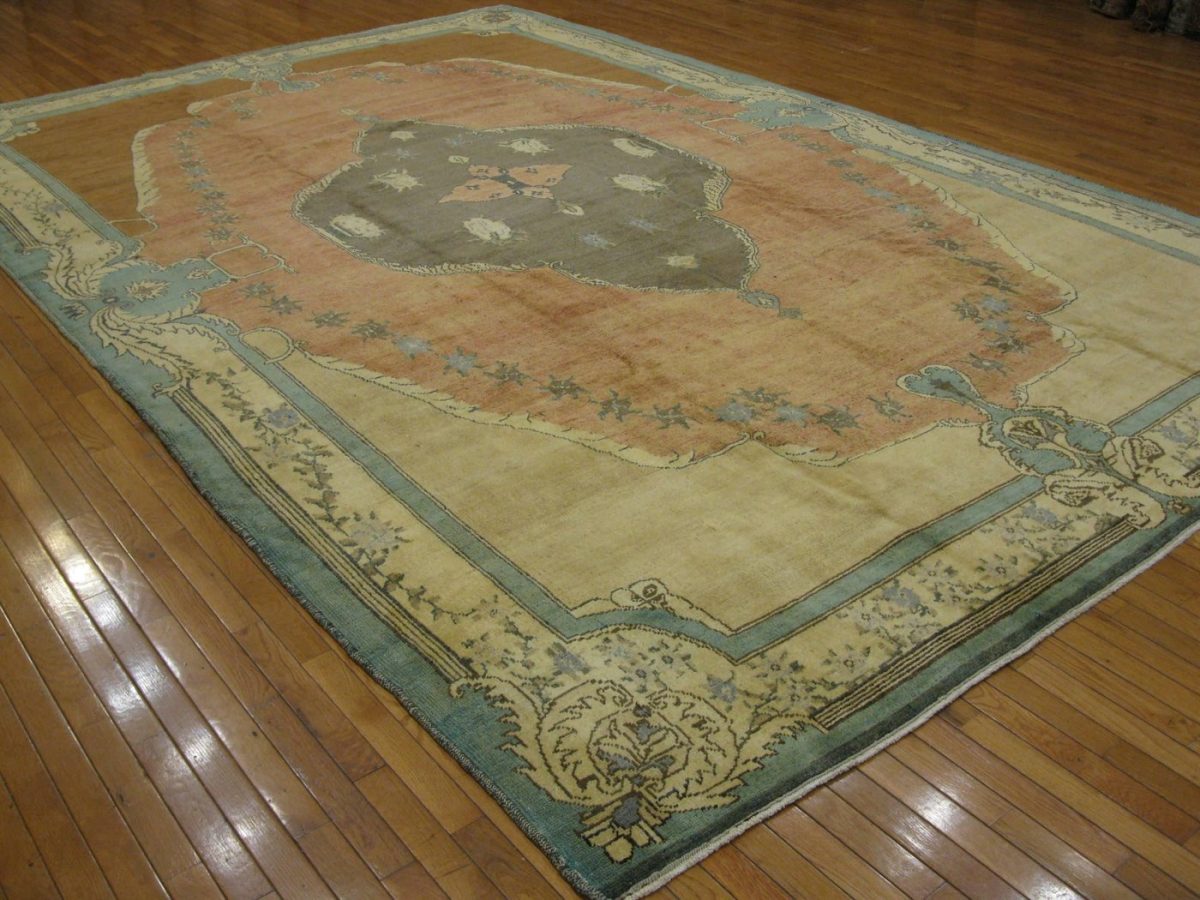 9′ x 14′ Turkish Peach Blue Savonnerie Rug Traditional Wool