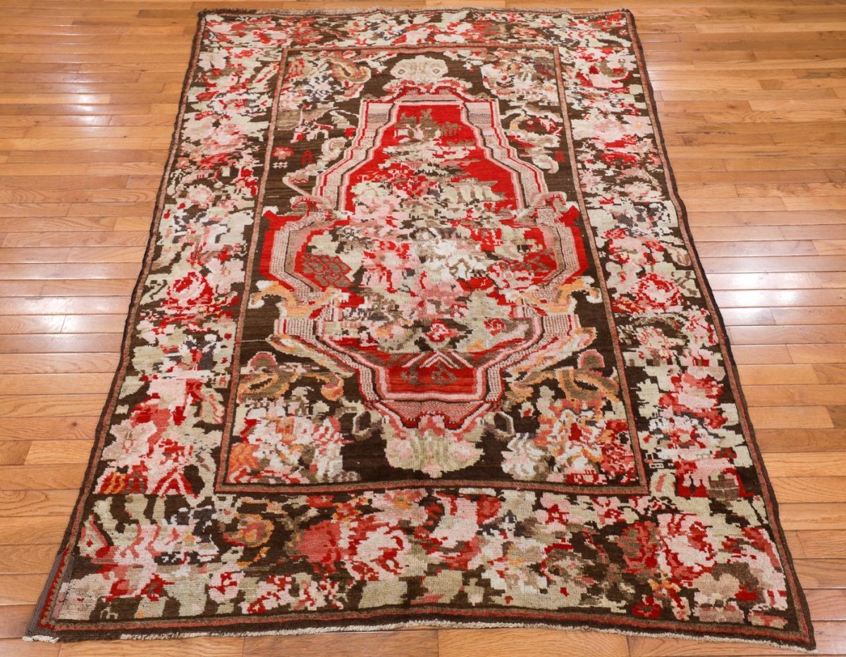 5′ x 7′ Deep Espresso and Cochineal Rose Hand-Knotted Antique Caucasian Karabagh Vase Prayer Rug – Collector’s Wool