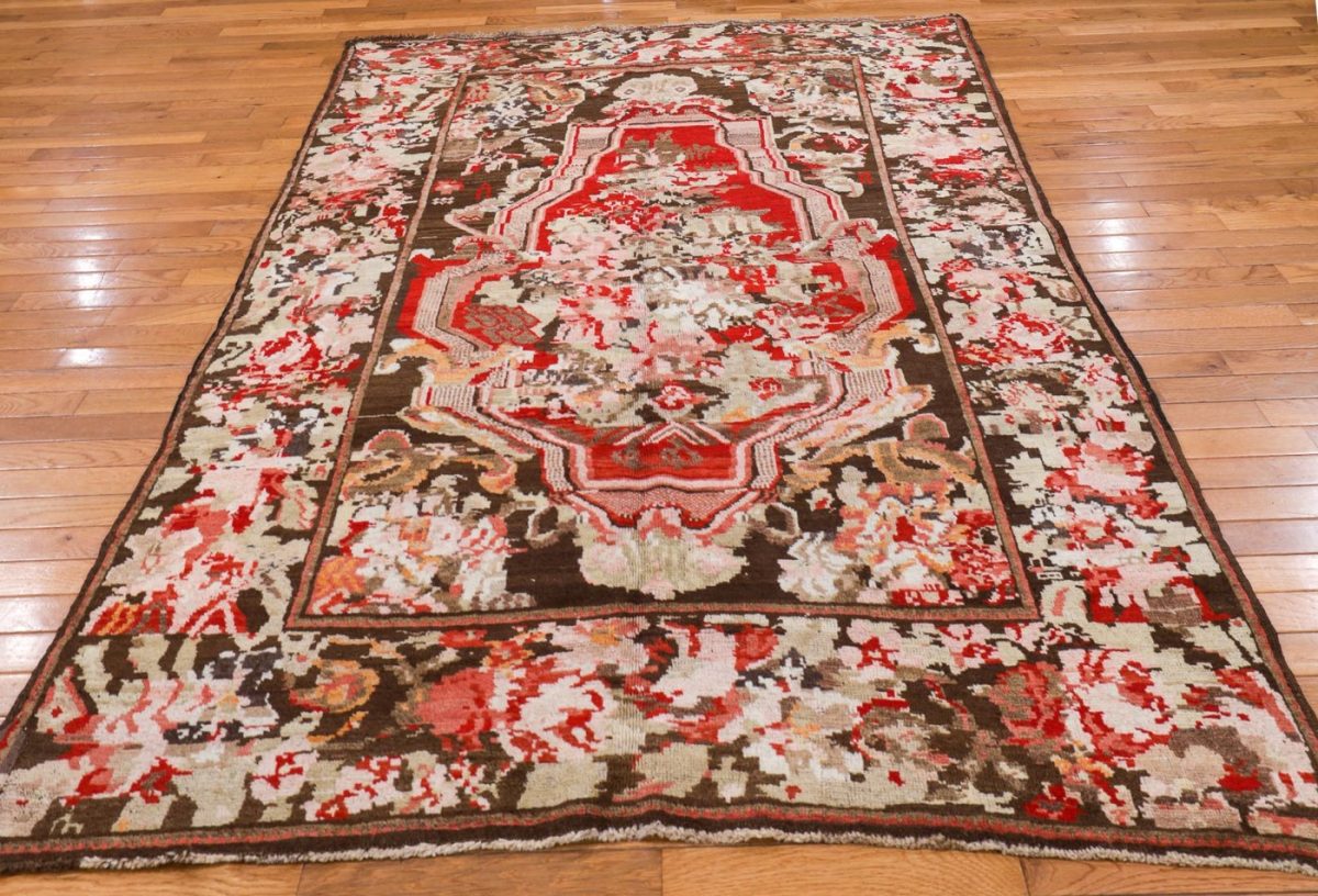5′ x 7′ Deep Espresso and Cochineal Rose Hand-Knotted Antique Caucasian Karabagh Vase Prayer Rug – Collector’s Wool