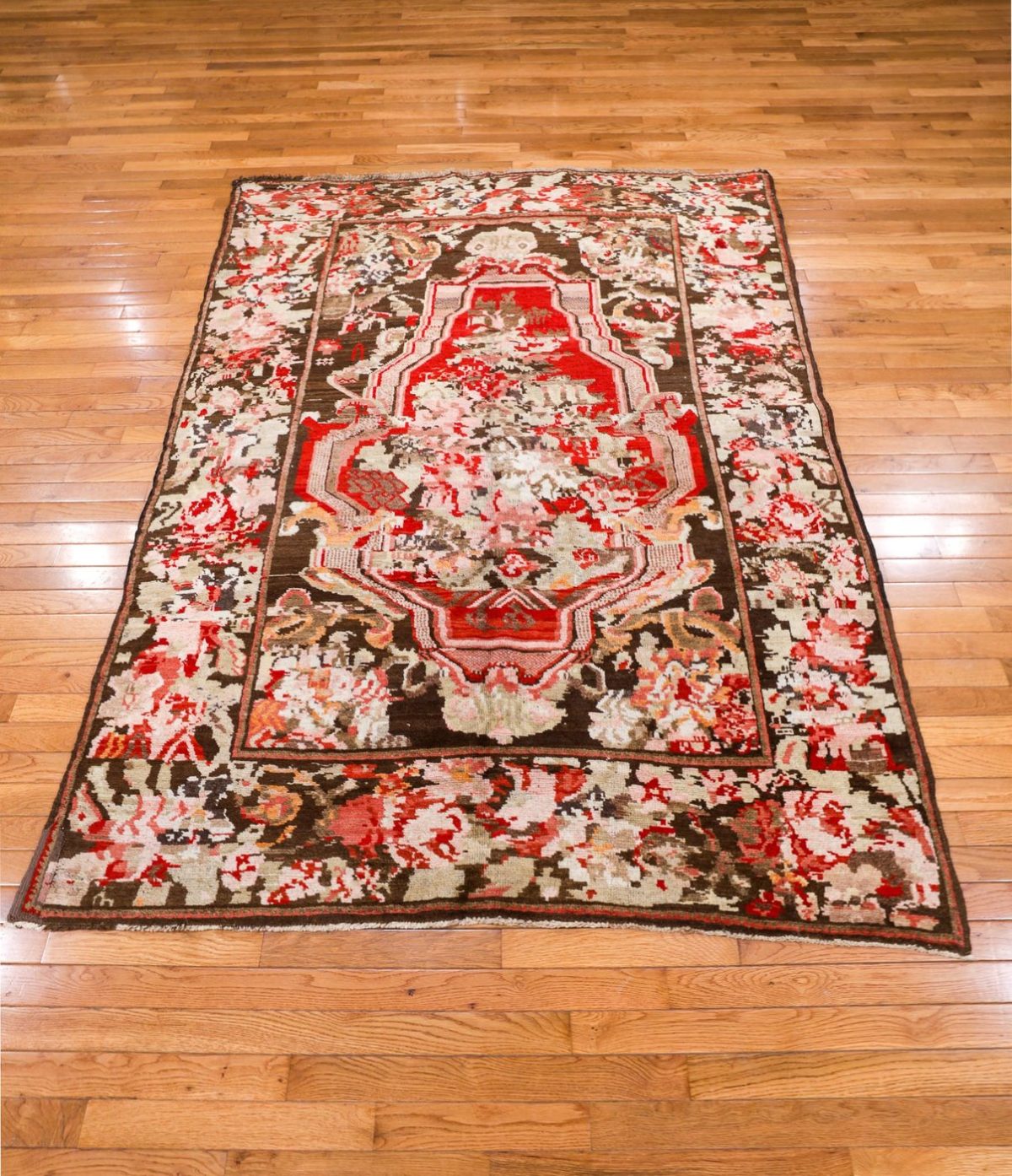 5′ x 7′ Deep Espresso and Cochineal Rose Hand-Knotted Antique Caucasian Karabagh Vase Prayer Rug – Collector’s Wool