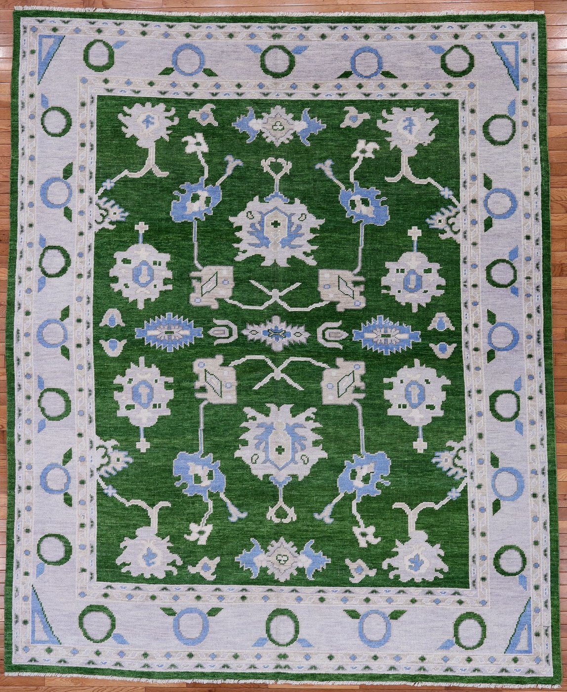 8′ x 10′ Emerald Green Fine Hand-Knotted Oushak Design Rug – Transitional Wool