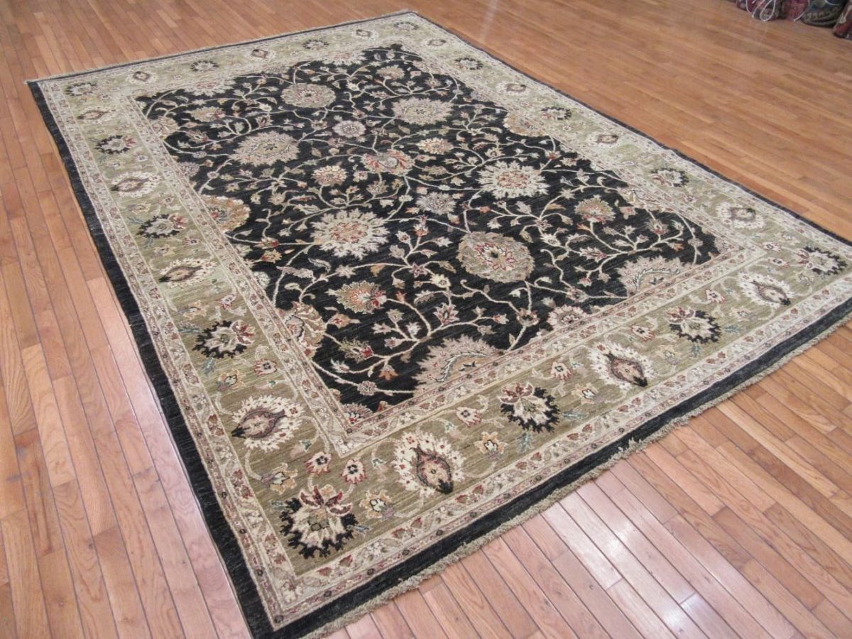 8′ x 11′ Black Fine Hand-Knotted Pakistani Oriental Rug – Transitional Wool
