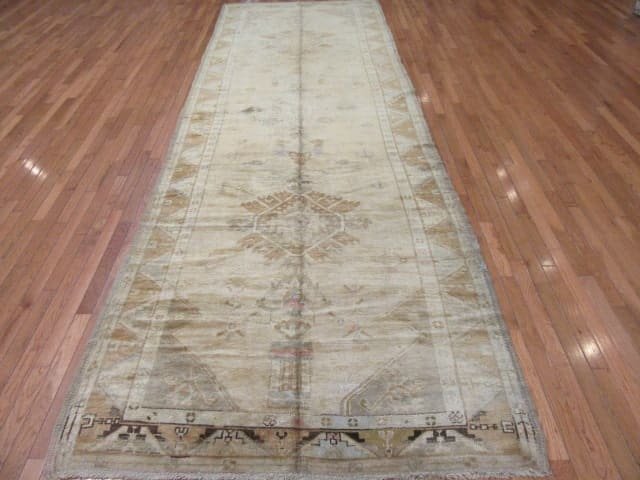 5′ x 14′ Muted Sage and Gold Hand-Knotted Vintage Turkish Oushak Runner – Traditional Wool