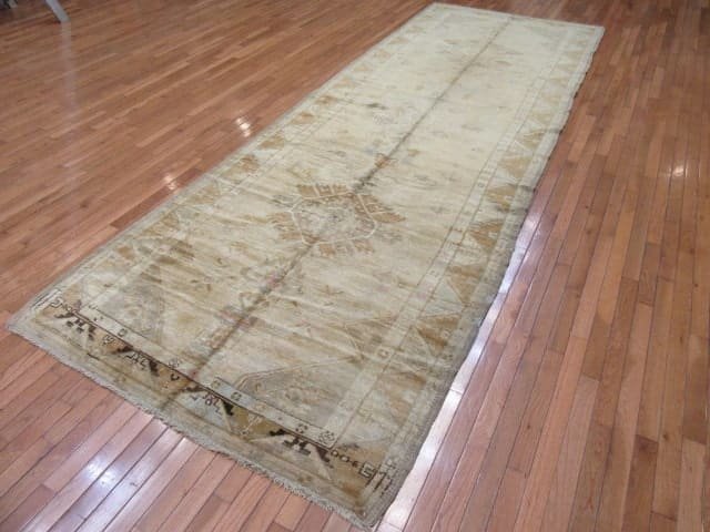 5′ x 14′ Muted Sage and Gold Hand-Knotted Vintage Turkish Oushak Runner – Traditional Wool