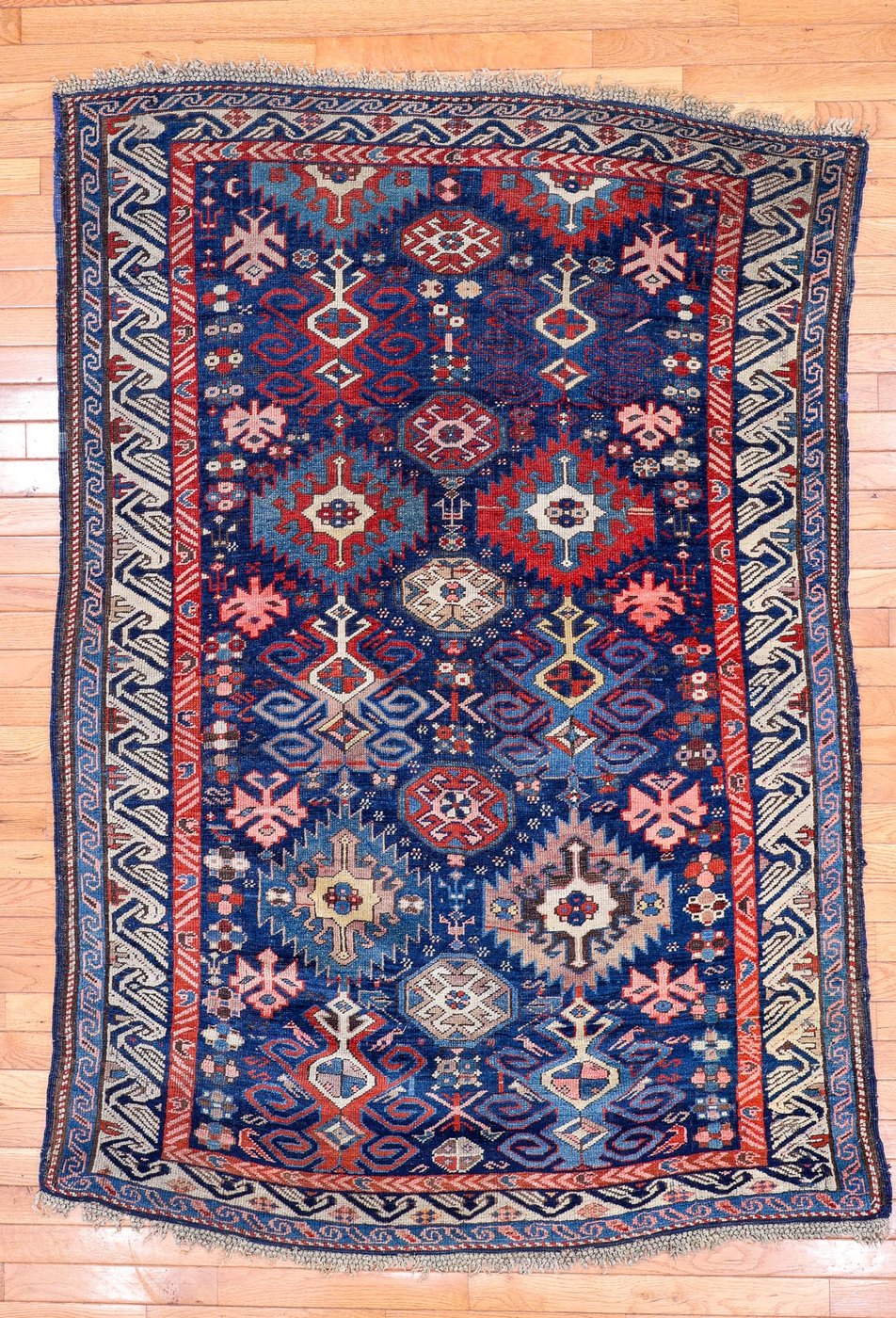 4′ x 6′ Indigo and Crimson Hand-Knotted Antique Caucasian Bird Shirvan Rug – Investment Grade Wool on Wool