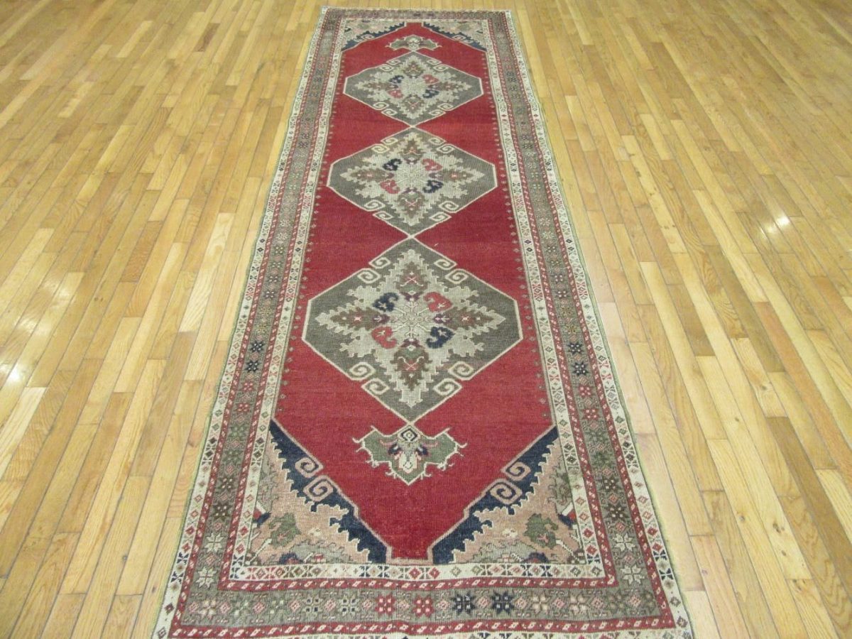 4′ x 11′ Vintage Turkish Oushak Red Vintage Runner Rug – Traditional Hand-Knotted Wool
