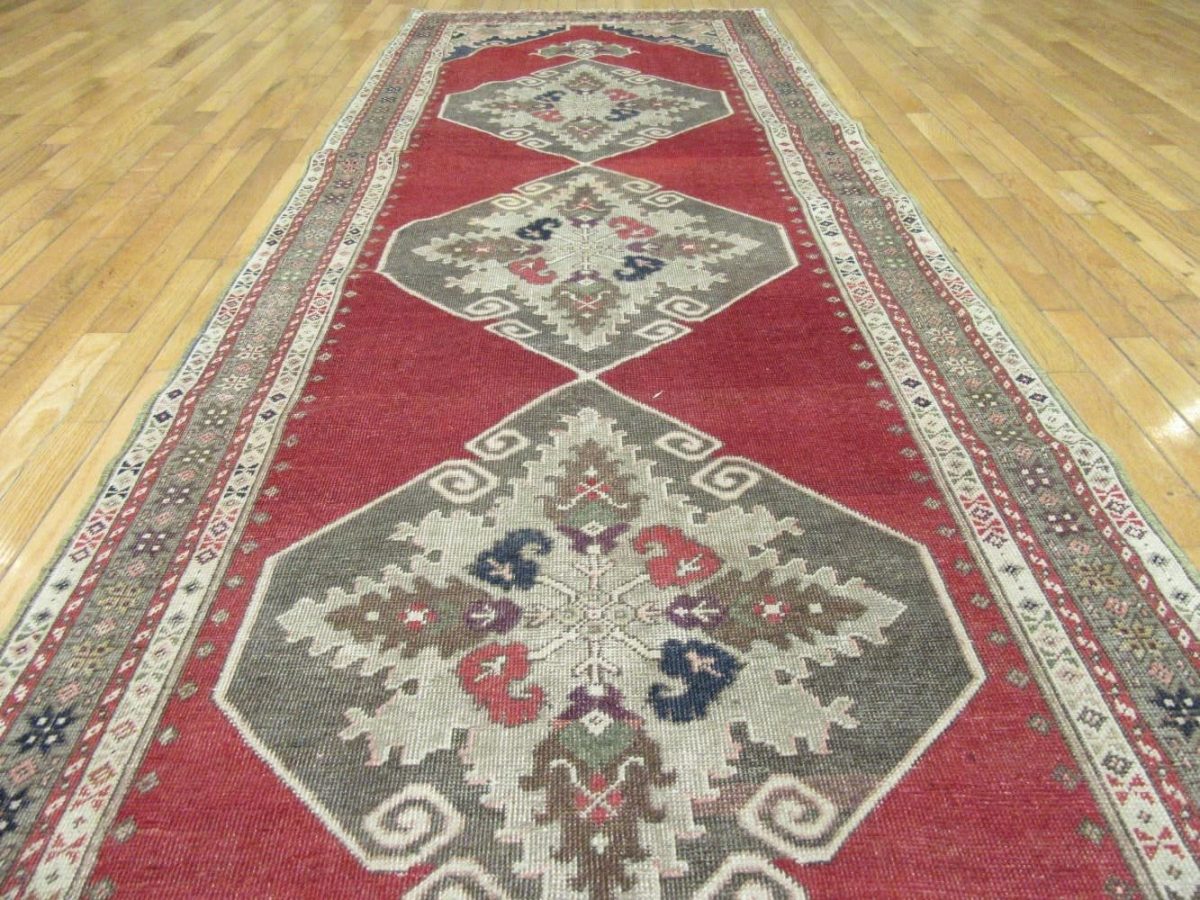 4′ x 11′ Vintage Turkish Oushak Red Vintage Runner Rug – Traditional Hand-Knotted Wool