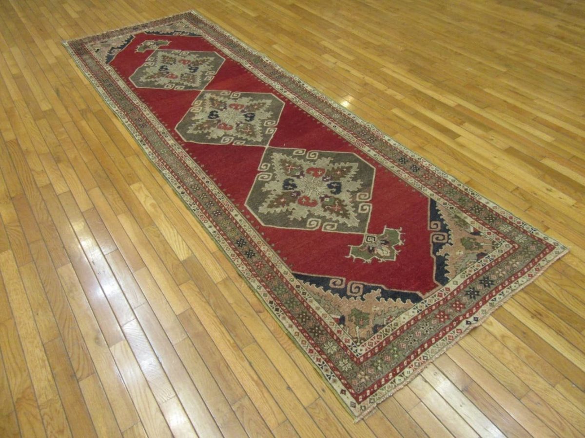 4′ x 11′ Vintage Turkish Oushak Red Vintage Runner Rug – Traditional Hand-Knotted Wool