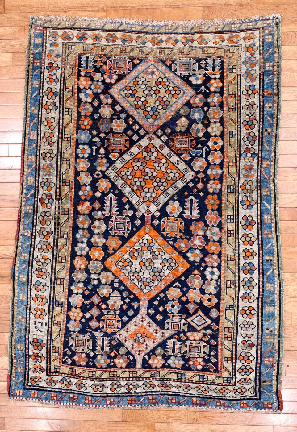 4′ x 6′ Deep Navy and Saffron Orange Hand-Knotted Antique Caucasian Shirvan Rug – Collector’s Wool