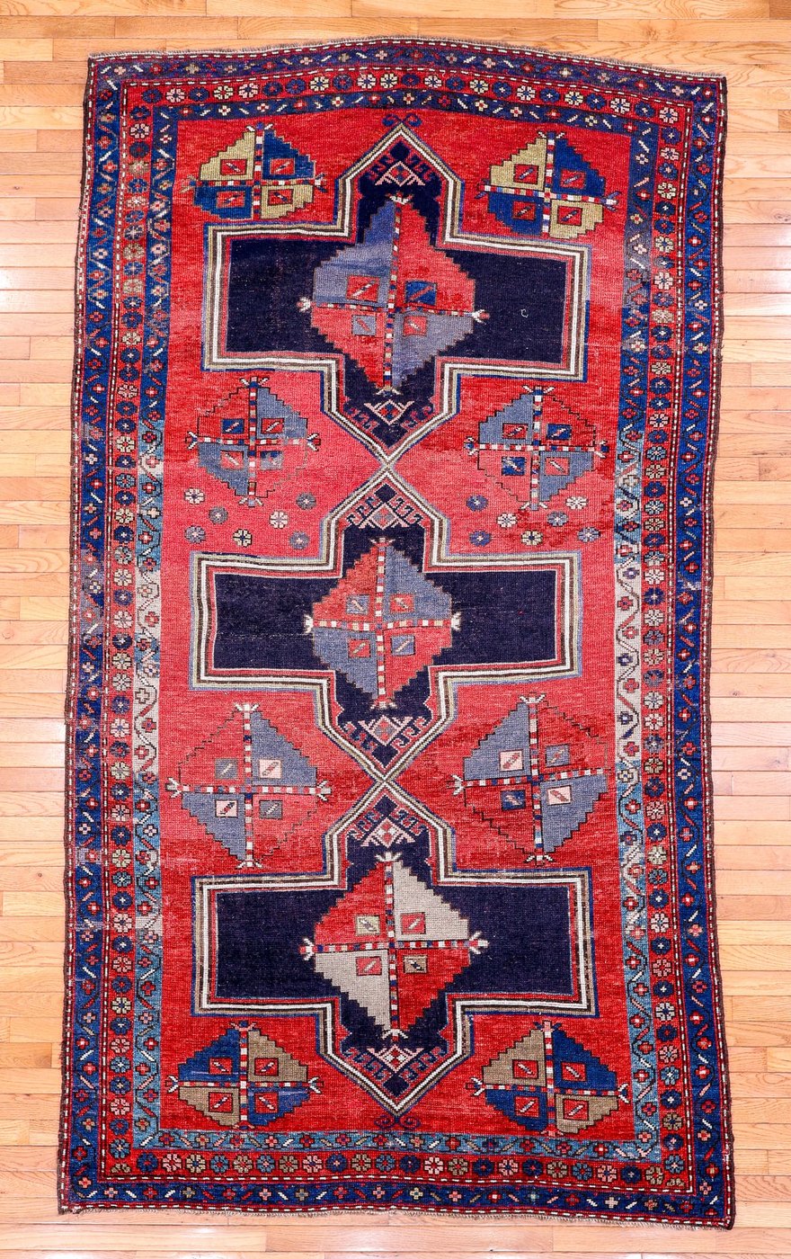 5′ x 9′ Crimson Red and Midnight Indigo Hand-Knotted Antique Caucasian Bordjalou Kazak Rug – Collector’s Wool on Wool