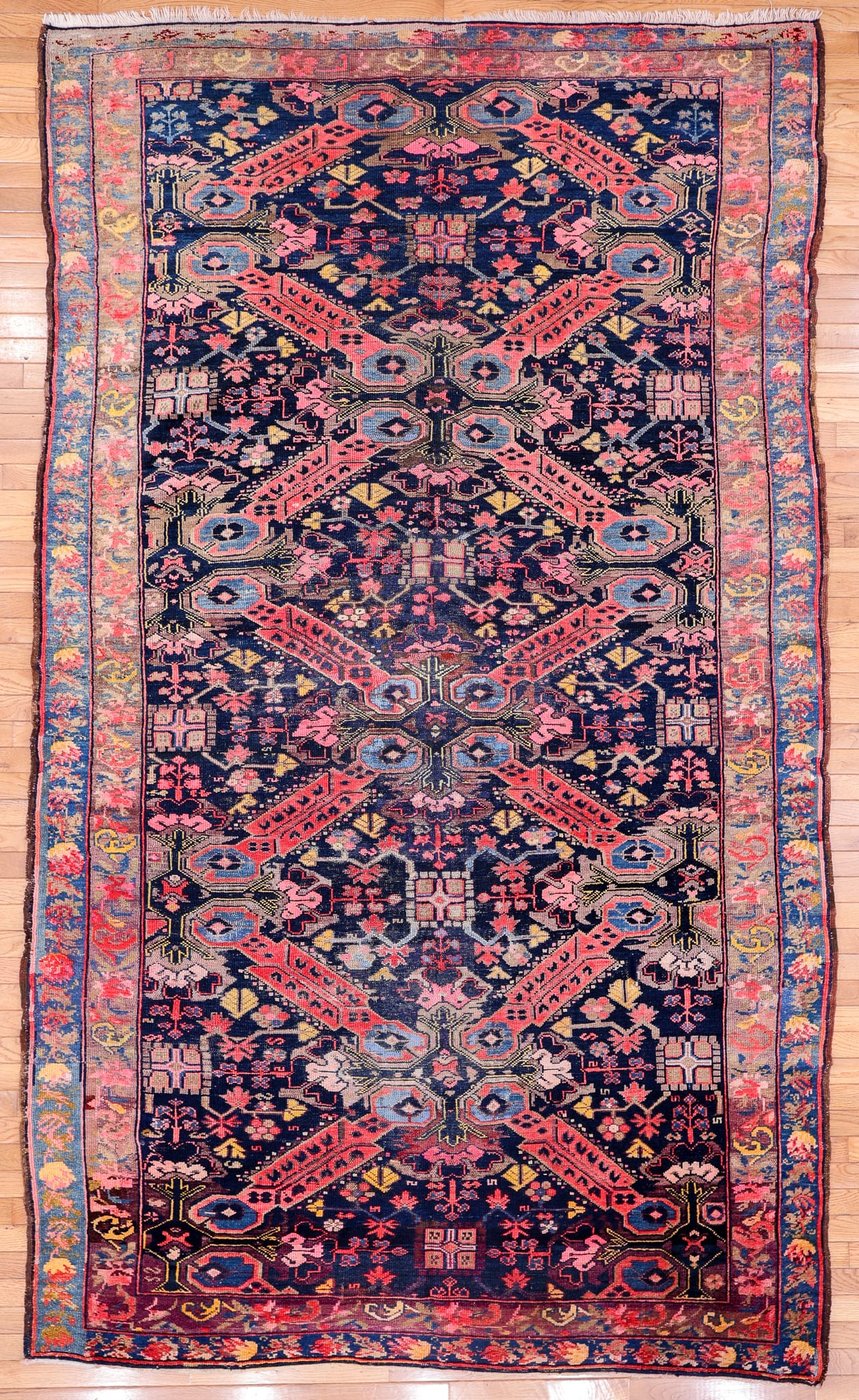 6′ x 10′ Midnight Indigo and Coral Red Hand-Knotted Antique Caucasian Seychur St. Andrew’s Cross Rug – Collector’s Wool