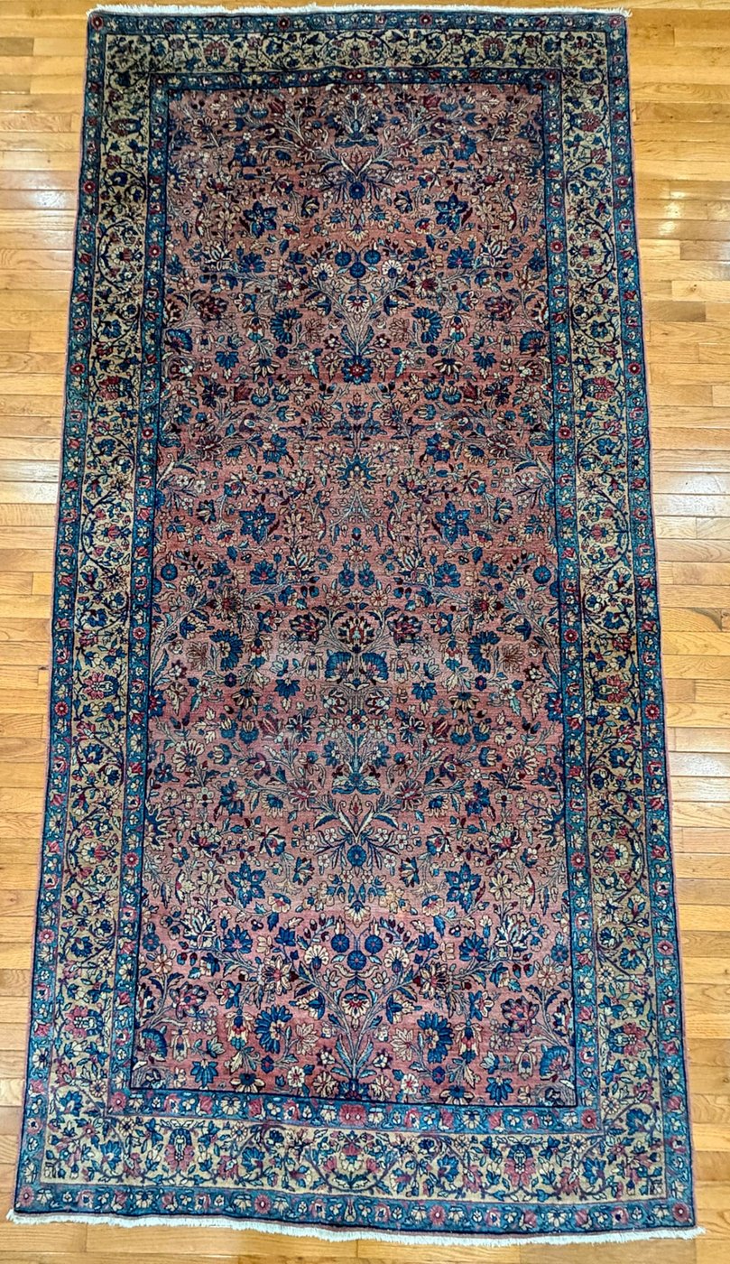 5′ x 10′ Dusty Rose and Indigo Hand-Knotted Semi-Antique Persian Kerman Gallery Rug – Fine Kurk Wool