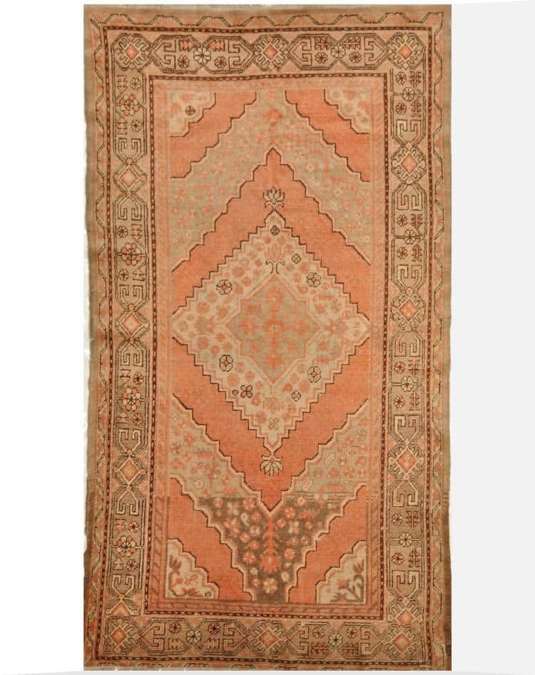 4′ x 8′ Coral Hand-Knotted Semi-Antique Uzbek Khotan Rug – Traditional Wool 4′ x 8′ Coral Hand-Knotted Semi-Antique Uzbek Khotan Rug – Traditional Wool