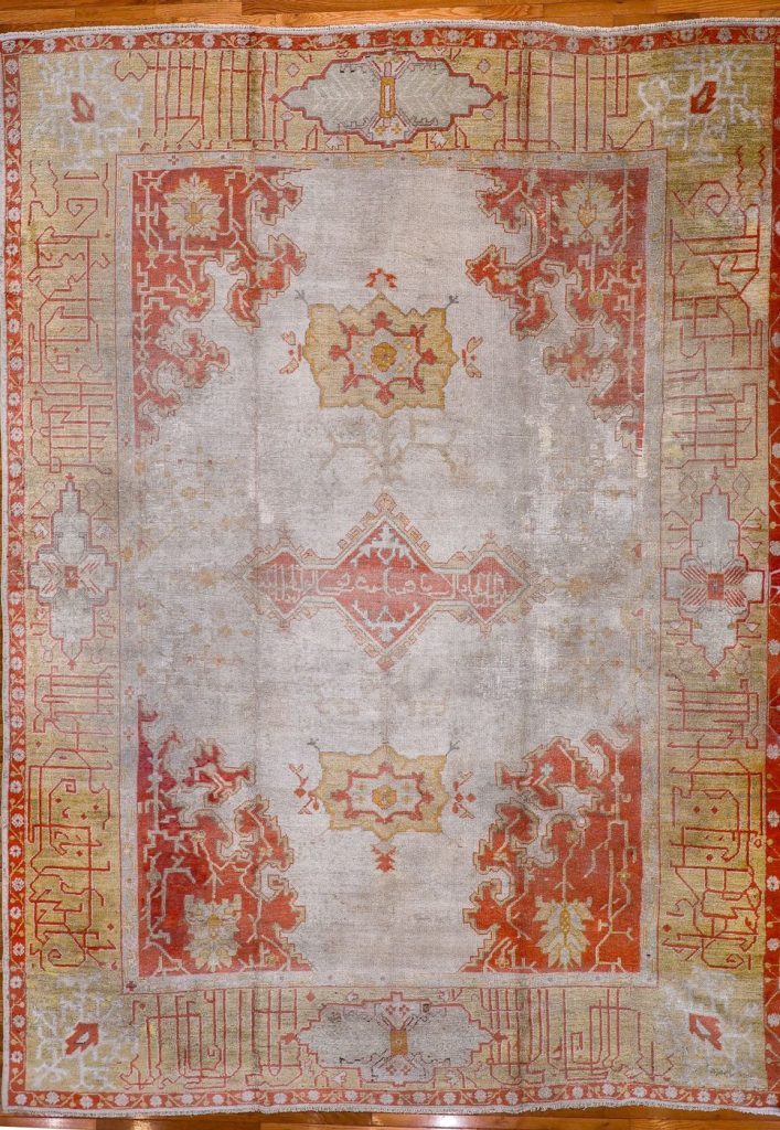 11′ x 15′ Luminous Ivory and Saffron Gold Hand-Knotted Antique Western Anatolian Oushak Carpet – Calligraphic Pseudo-Kufic Border