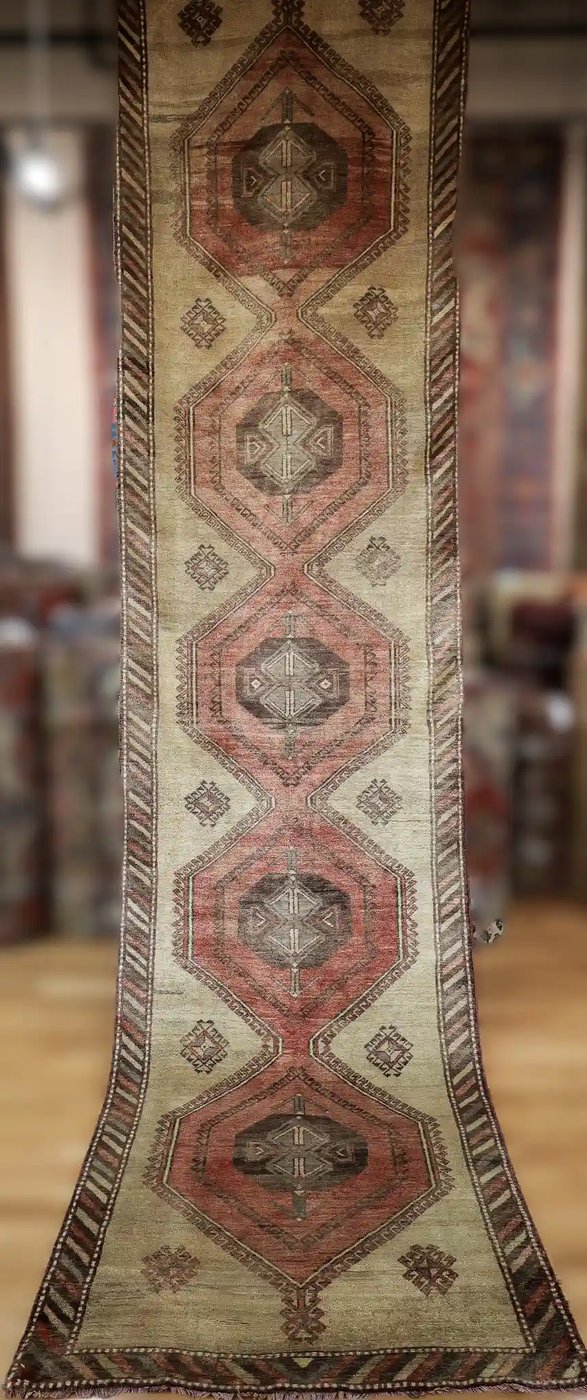 3′ x 13′ Beige Fine Hand-Knotted Vintage Turkish Oushak Runner – Traditional Wool
